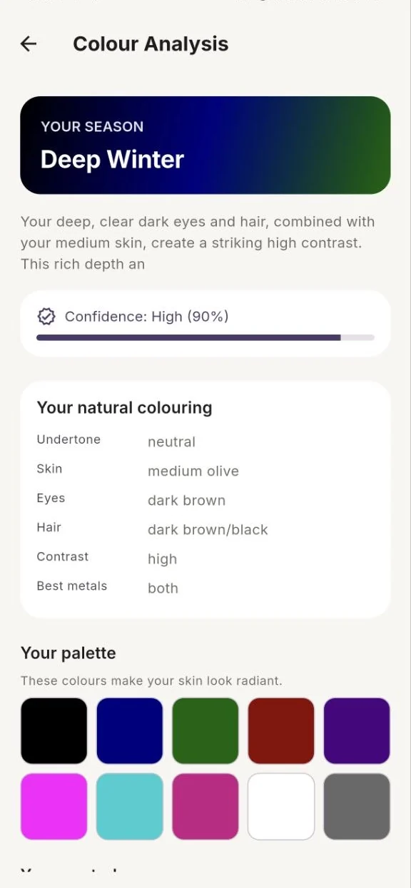 Seasonal colour analysis result showing the Deep Winter season and a personal palette