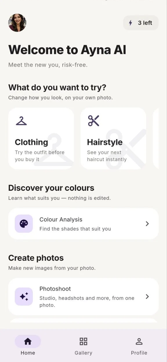 Ayna AI home screen, grouped into try on, discover and create
