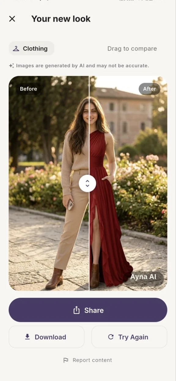 Before and after comparison of a clothing try-on in Ayna AI